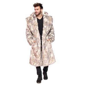 FURROCIOUS FURR Men’s Faux Fur Ivory/ Gray Long Coat for Festivals, Burning Man